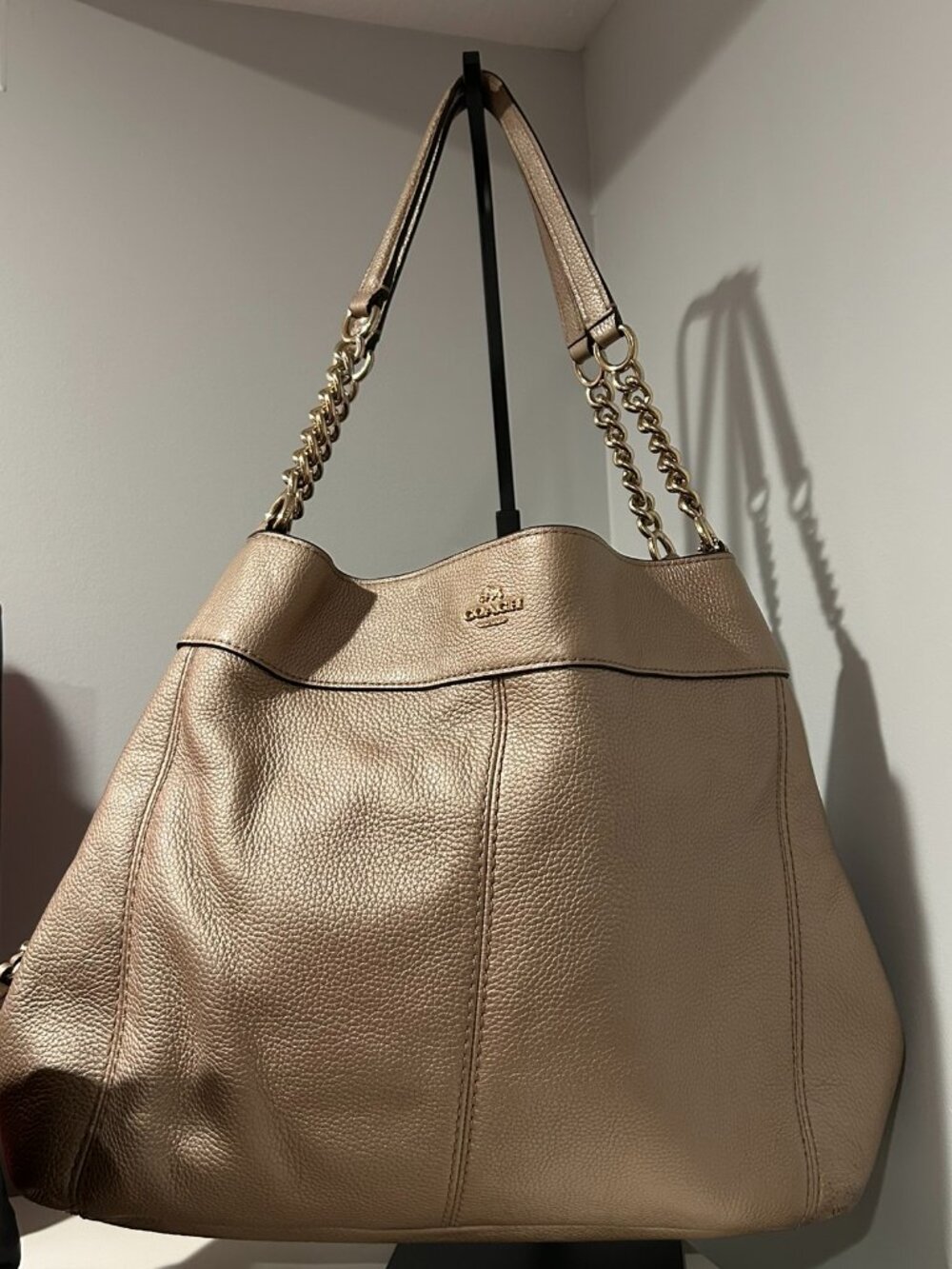 Coach Pebbled Leather Chain-Handle Tote in Metallic Taupe